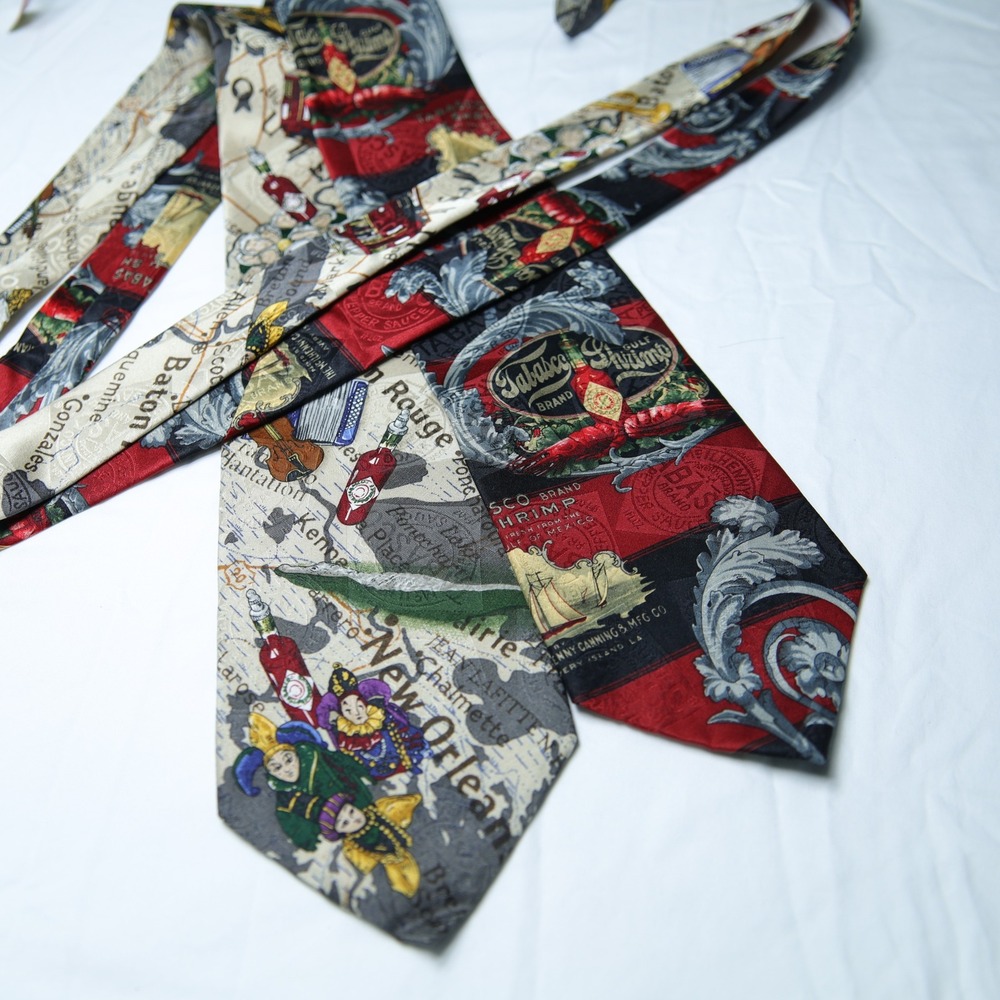 Tabasco Silk Tie Set New Orleans Mardi Gras Gulf Shrimp Map 100% Silk Lot of 2